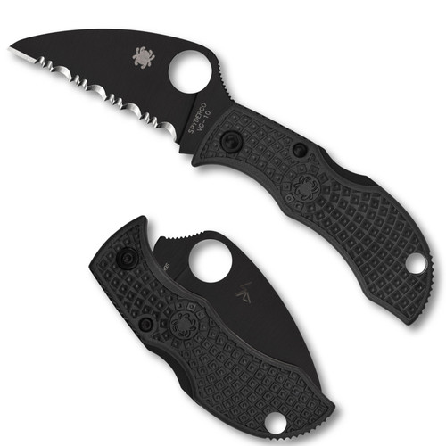 Spyderco Manbug Folding Knife - 1.97" VG10 Black TiCN Wharncliffe Serrated Blade, Black FRN Handles, Lockback - MBKWSBK